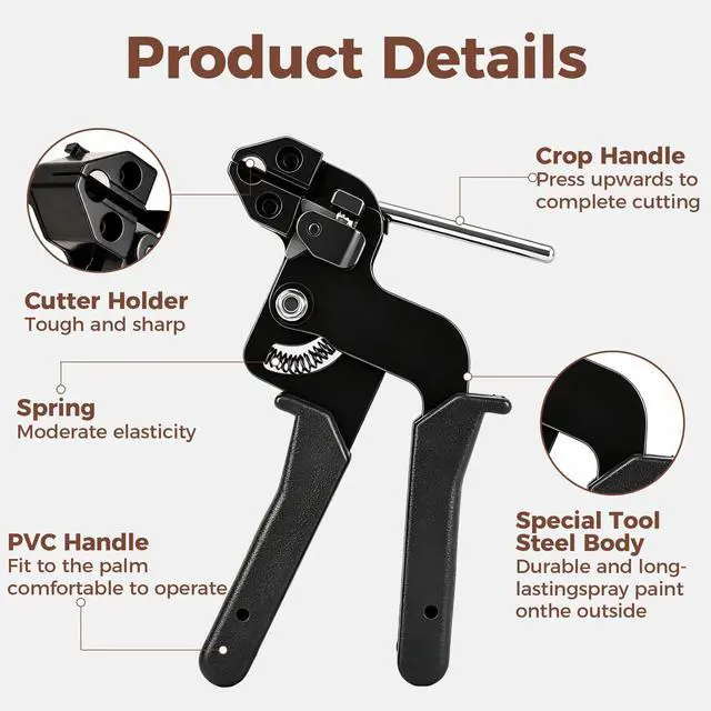 Alt view image 4 of 7 - 304 Stainless Steel Cable Tie Gun Kit, 300 Pcs Black | Includes 200 11.8" & 100 7.8" metal zip ties & cutter; gun tightens for fence, farm, coop, pipe & cables