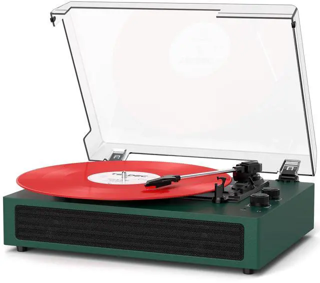 Main image of Green Bluetooth Record Player, 3-Speed Belt Drive Turntable | Customize your sound with bass & treble control, Bluetooth, 3-speed playback, stereo speakers, RCA, AUX and headphone jack