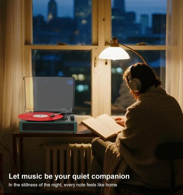 Alt view image 2 of 7 - Green Bluetooth Record Player, 3-Speed Belt Drive Turntable | Customize your sound with bass & treble control, Bluetooth, 3-speed playback, stereo speakers, RCA, AUX and headphone jack