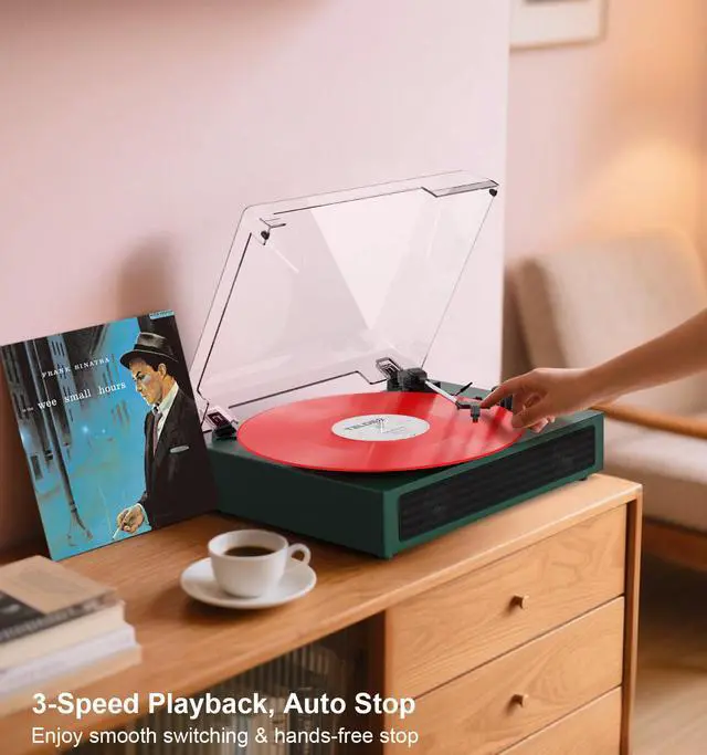 Alt view image 4 of 7 - Green Bluetooth Record Player, 3-Speed Belt Drive Turntable | Customize your sound with bass & treble control, Bluetooth, 3-speed playback, stereo speakers, RCA, AUX and headphone jack