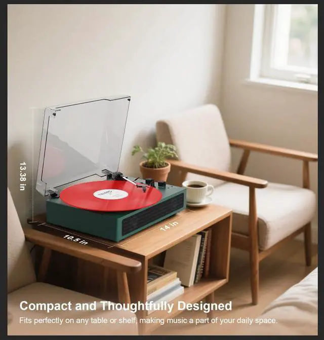 Alt view image 5 of 7 - Green Bluetooth Record Player, 3-Speed Belt Drive Turntable | Customize your sound with bass & treble control, Bluetooth, 3-speed playback, stereo speakers, RCA, AUX and headphone jack