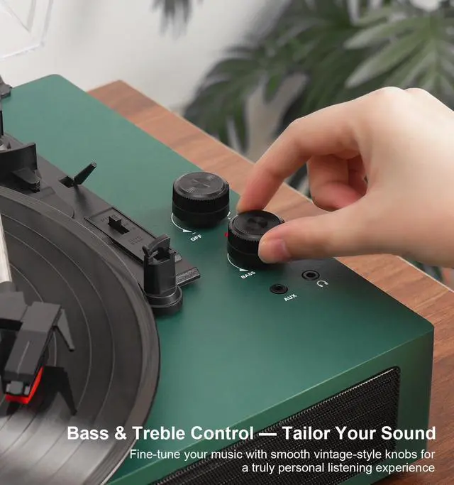 Alt view image 7 of 7 - Green Bluetooth Record Player, 3-Speed Belt Drive Turntable | Customize your sound with bass & treble control, Bluetooth, 3-speed playback, stereo speakers, RCA, AUX and headphone jack