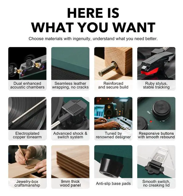 Alt view image 6 of 7 - Green Bluetooth Record Player, 3-Speed Belt Drive Turntable | Customize your sound with bass & treble control, Bluetooth, 3-speed playback, stereo speakers, RCA, AUX and headphone jack