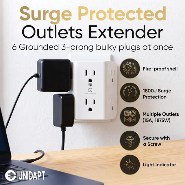 Alt view image 2 of 7 - Multi Plug 6 Outlet Extender, 2 Pack Surge Protector Wall Splitter, 900J Power Strip 3 Side Wide Spaced Adapter Multiple Charger Expander, Mountable Wall Tap for Office Home Travel