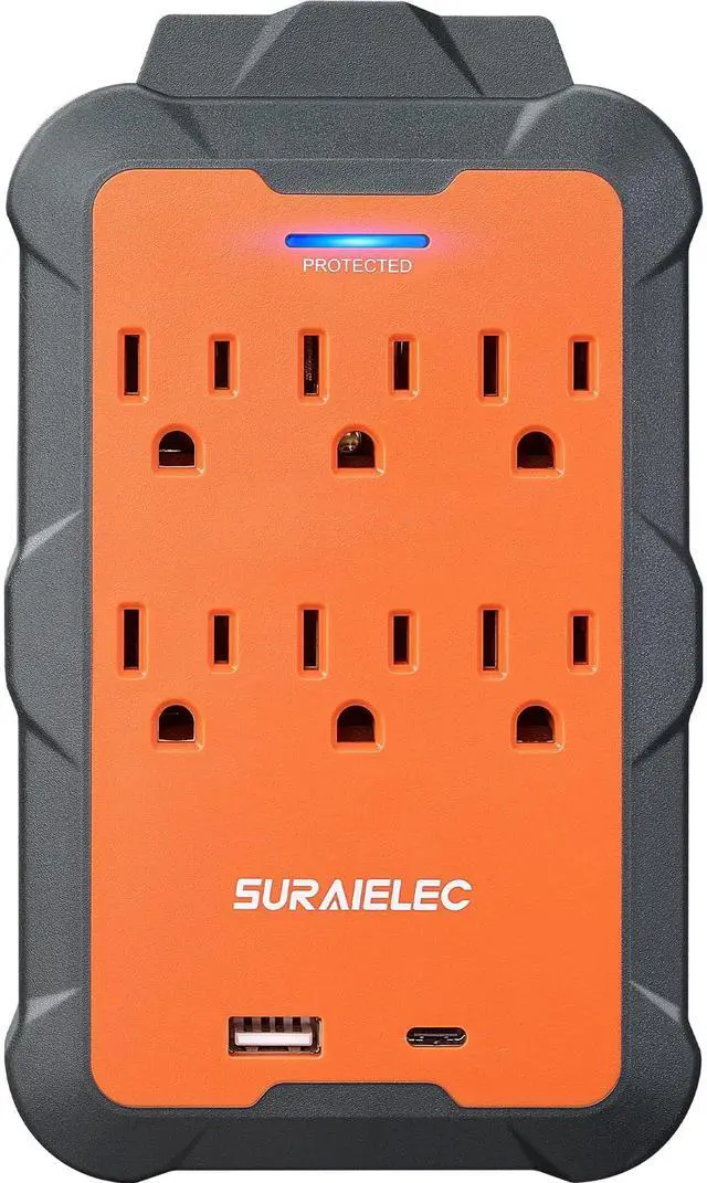 Main image of Multi Plug Wall Outlet Extender, 6 AC Outlets with USB-A & USB-C | Overmolded Rubber Housing, 980J Surge Protection, Heavy Duty for Workshop, Garage, ETL Listed