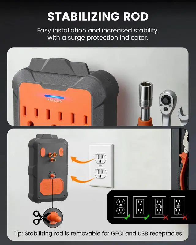 Alt view image 5 of 7 - Multi Plug Wall Outlet Extender, 6 AC Outlets with USB-A & USB-C | Overmolded Rubber Housing, 980J Surge Protection, Heavy Duty for Workshop, Garage, ETL Listed