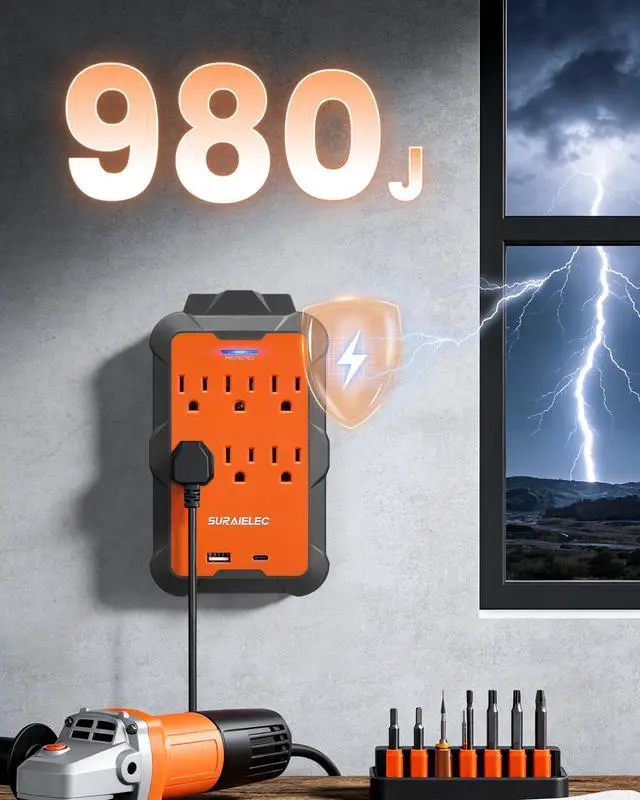 Alt view image 6 of 7 - Multi Plug Wall Outlet Extender, 6 AC Outlets with USB-A & USB-C | Overmolded Rubber Housing, 980J Surge Protection, Heavy Duty for Workshop, Garage, ETL Listed