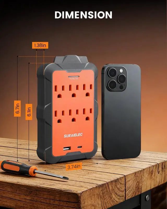 Alt view image 7 of 7 - Multi Plug Wall Outlet Extender, 6 AC Outlets with USB-A & USB-C | Overmolded Rubber Housing, 980J Surge Protection, Heavy Duty for Workshop, Garage, ETL Listed