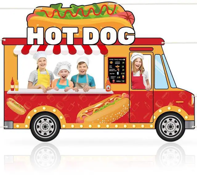 Main image of 73 x 53 Inch Fabric Hot Dog Car Photo Booth Prop Fast Food Themed Party Decoration Hot Dog Truck Hanging Background BBQ Sausage Chips Burger Birthday Party Supplies for Baby Shower Home Decor