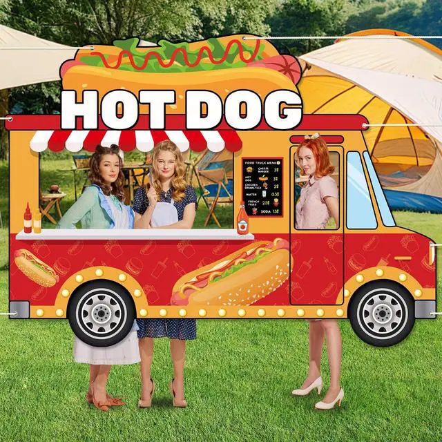 Alt view image 3 of 6 - 73 x 53 Inch Fabric Hot Dog Car Photo Booth Prop Fast Food Themed Party Decoration Hot Dog Truck Hanging Background BBQ Sausage Chips Burger Birthday Party Supplies for Baby Shower Home Decor