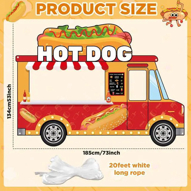Alt view image 2 of 6 - 73 x 53 Inch Fabric Hot Dog Car Photo Booth Prop Fast Food Themed Party Decoration Hot Dog Truck Hanging Background BBQ Sausage Chips Burger Birthday Party Supplies for Baby Shower Home Decor