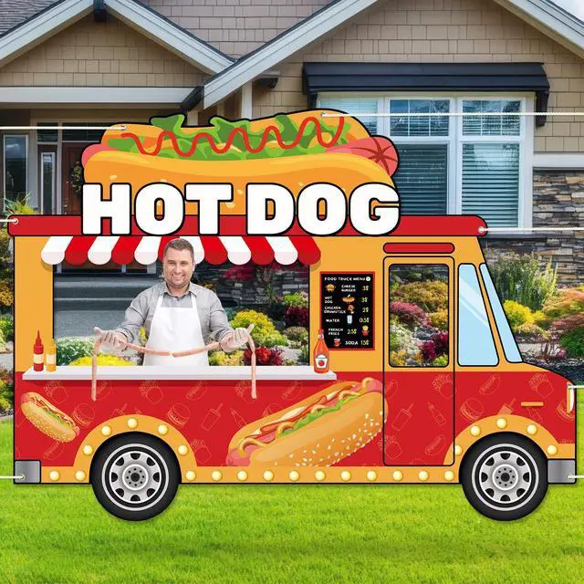 Alt view image 4 of 6 - 73 x 53 Inch Fabric Hot Dog Car Photo Booth Prop Fast Food Themed Party Decoration Hot Dog Truck Hanging Background BBQ Sausage Chips Burger Birthday Party Supplies for Baby Shower Home Decor