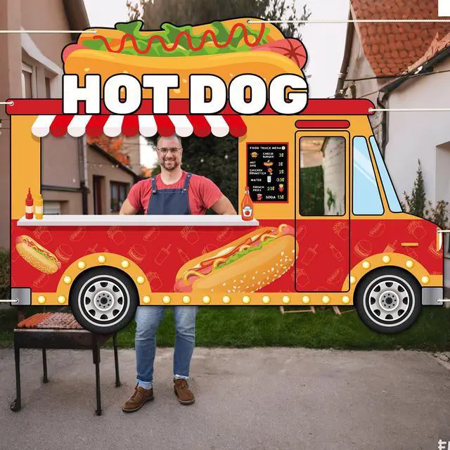 Alt view image 5 of 6 - 73 x 53 Inch Fabric Hot Dog Car Photo Booth Prop Fast Food Themed Party Decoration Hot Dog Truck Hanging Background BBQ Sausage Chips Burger Birthday Party Supplies for Baby Shower Home Decor