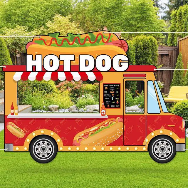 Alt view image 6 of 6 - 73 x 53 Inch Fabric Hot Dog Car Photo Booth Prop Fast Food Themed Party Decoration Hot Dog Truck Hanging Background BBQ Sausage Chips Burger Birthday Party Supplies for Baby Shower Home Decor