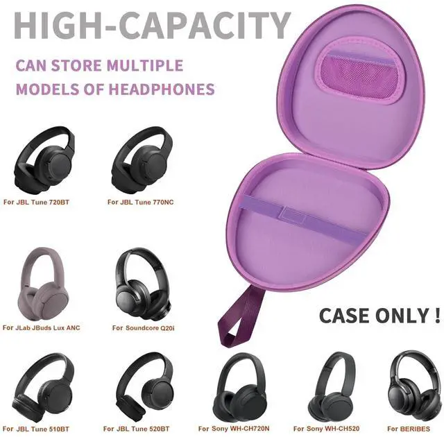 Alt view image 2 of 7 - Hard Shell Headphone Case with Secure Strap and Cable Pocket, Purple | for JLab/for JBL Tune 510BT 720BT 770NC 520BT/ for Sony WH-CH520 WH-CH720N/ for BERIBES/for Soundcore Q20i Over-Ear Headphone