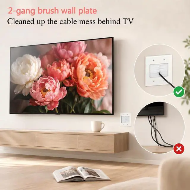 Alt view image 3 of 7 - 2 Pack 2-Gang Dustproof Large Capacity Brush Wall Plate with Bracket | Cable Pass Through Wire Hider for TV,HDMI,Ethernet,Speaker Home Theater,Durable Construction,Versatile Use,Easy Installation