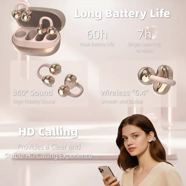Alt view image 7 of 7 - Clip On Earbuds Jewelry, Open Ear Headphones Wireless Bluetooth Earring Clip-On Headphones, Fit Ears Cuff Headphones for Women, Jewelry Earring Earbuds for Work, Run & Sleep