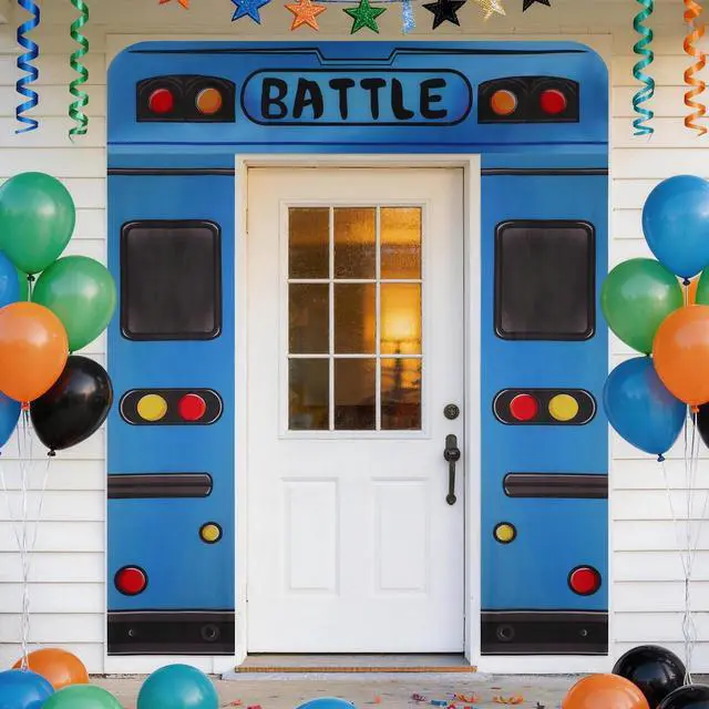 Main image of Blue Bus Birthday Banner, Bus Backdrop for Birthday Decorations | Blue Bus Themed Backdrop for Birthday Party Decorations, Photo Booth Props, Door and Wall Decorations