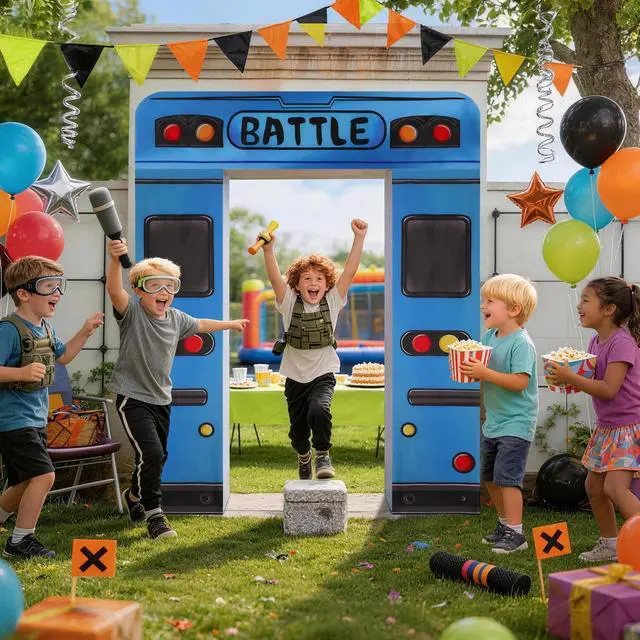 Alt view image 4 of 7 - Blue Bus Birthday Banner, Bus Backdrop for Birthday Decorations | Blue Bus Themed Backdrop for Birthday Party Decorations, Photo Booth Props, Door and Wall Decorations