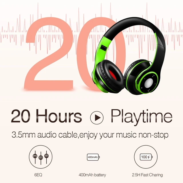 Alt view image 2 of 7 - Bluetooth Headphones Over Ear, Wireless Headphones with 5 EQ Modes, 20 Hours Playtime Foldable HiFi Stereo Headset with Microphone, FM/TF for Cellphone/PC/Work/Travel/Kids/Adults/Gift (Green)