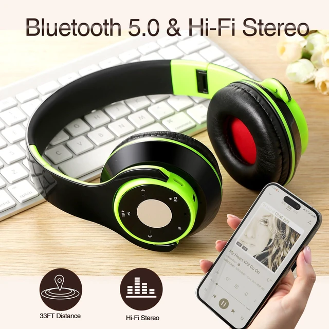 Alt view image 3 of 7 - Bluetooth Headphones Over Ear, Wireless Headphones with 5 EQ Modes, 20 Hours Playtime Foldable HiFi Stereo Headset with Microphone, FM/TF for Cellphone/PC/Work/Travel/Kids/Adults/Gift (Green)