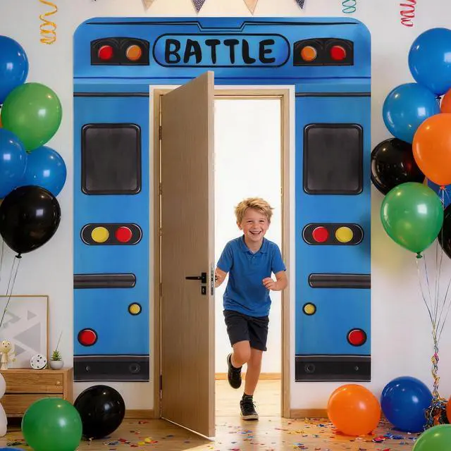 Alt view image 5 of 7 - Blue Bus Birthday Banner, Bus Backdrop for Birthday Decorations | Blue Bus Themed Backdrop for Birthday Party Decorations, Photo Booth Props, Door and Wall Decorations