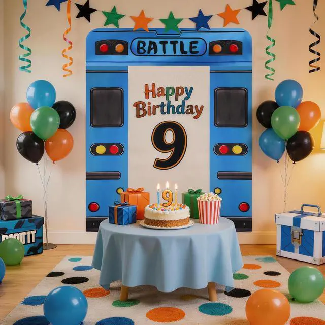 Alt view image 6 of 7 - Blue Bus Birthday Banner, Bus Backdrop for Birthday Decorations | Blue Bus Themed Backdrop for Birthday Party Decorations, Photo Booth Props, Door and Wall Decorations