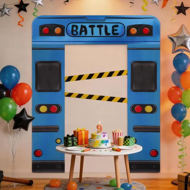 Alt view image 7 of 7 - Blue Bus Birthday Banner, Bus Backdrop for Birthday Decorations | Blue Bus Themed Backdrop for Birthday Party Decorations, Photo Booth Props, Door and Wall Decorations