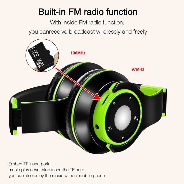 Alt view image 6 of 7 - Bluetooth Headphones Over Ear, Wireless Headphones with 5 EQ Modes, 20 Hours Playtime Foldable HiFi Stereo Headset with Microphone, FM/TF for Cellphone/PC/Work/Travel/Kids/Adults/Gift (Green)