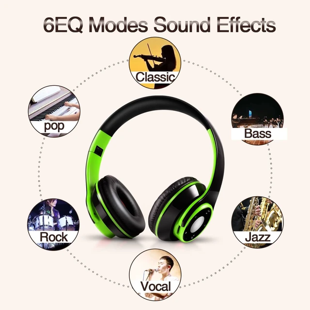 Alt view image 7 of 7 - Bluetooth Headphones Over Ear, Wireless Headphones with 5 EQ Modes, 20 Hours Playtime Foldable HiFi Stereo Headset with Microphone, FM/TF for Cellphone/PC/Work/Travel/Kids/Adults/Gift (Green)