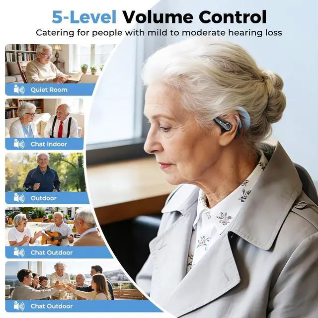 Alt view image 4 of 7 - VOULAO Open-Ear Bluetooth Headphones, Personal Sound Amplification Earbuds with Noise Cancellation, 5-Level Volume Control, IPX4 Waterproof, Anti-Fall Ear Hooks for Clearer Listening & Daily Use