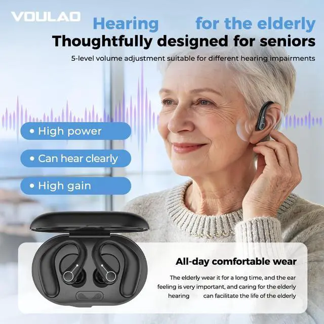 Alt view image 7 of 7 - VOULAO Open-Ear Bluetooth Headphones, Personal Sound Amplification Earbuds with Noise Cancellation, 5-Level Volume Control, IPX4 Waterproof, Anti-Fall Ear Hooks for Clearer Listening & Daily Use
