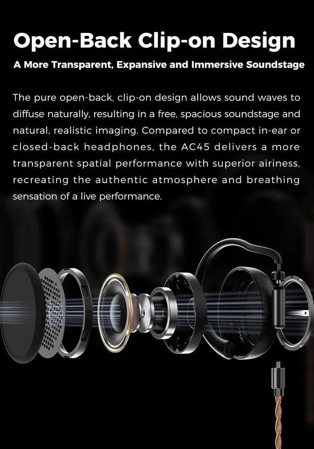 Alt view image 6 of 7 - AC45 Open-Back Clip-on Headphones, with 40mm W-Shaped Bio-Fiber Composite Diaphragm, Dynamic Driver, Hi-Res Audiophile Headphones for HiFi System, Home Audio, Portable Audio, DAP