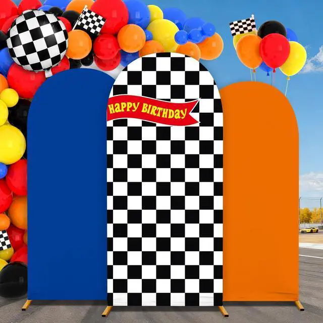 Main image of 3 Pcs Race Car Arch Backdrop Cover Adaptable for 4ft 5ft 6ft Size Frames Black and White Checkered Chiara Hot Arch Stand Covers for Racing Birthday Baby Shower Party Decorations Supplies