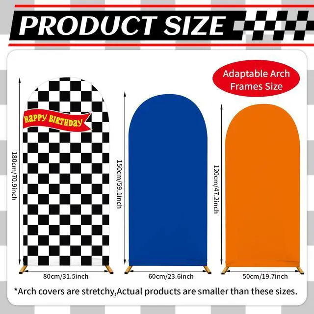 Alt view image 2 of 7 - 3 Pcs Race Car Arch Backdrop Cover Adaptable for 4ft 5ft 6ft Size Frames Black and White Checkered Chiara Hot Arch Stand Covers for Racing Birthday Baby Shower Party Decorations Supplies
