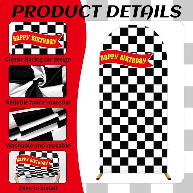 Alt view image 3 of 7 - 3 Pcs Race Car Arch Backdrop Cover Adaptable for 4ft 5ft 6ft Size Frames Black and White Checkered Chiara Hot Arch Stand Covers for Racing Birthday Baby Shower Party Decorations Supplies