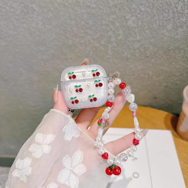 Alt view image 2 of 7 - 3D Cherry Case with Keychain for AirPods 4, Clear Diamonds Aesthetic Shockproof Cover with Cute Pearl Strap for Women Girls Protective Cover