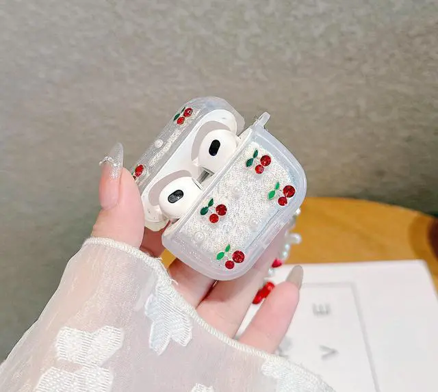 Alt view image 6 of 7 - 3D Cherry Case with Keychain for AirPods 4, Clear Diamonds Aesthetic Shockproof Cover with Cute Pearl Strap for Women Girls Protective Cover