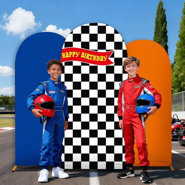 Alt view image 5 of 7 - 3 Pcs Race Car Arch Backdrop Cover Adaptable for 4ft 5ft 6ft Size Frames Black and White Checkered Chiara Hot Arch Stand Covers for Racing Birthday Baby Shower Party Decorations Supplies