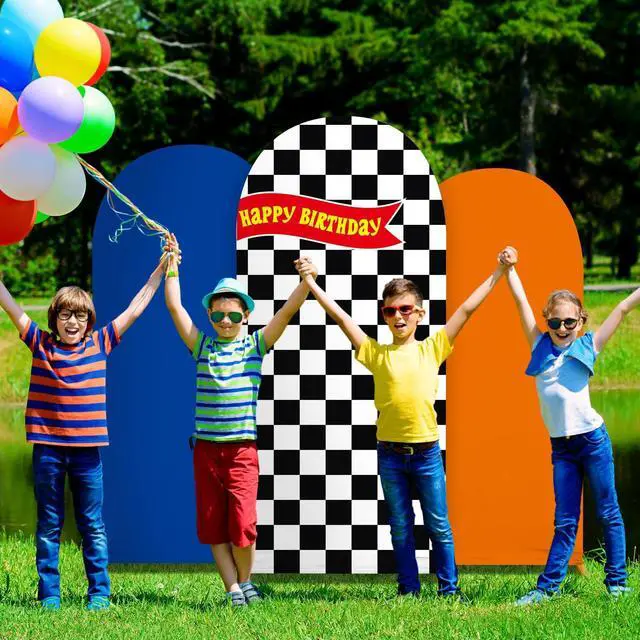 Alt view image 6 of 7 - 3 Pcs Race Car Arch Backdrop Cover Adaptable for 4ft 5ft 6ft Size Frames Black and White Checkered Chiara Hot Arch Stand Covers for Racing Birthday Baby Shower Party Decorations Supplies