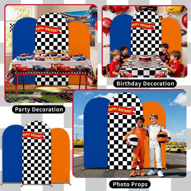 Alt view image 7 of 7 - 3 Pcs Race Car Arch Backdrop Cover Adaptable for 4ft 5ft 6ft Size Frames Black and White Checkered Chiara Hot Arch Stand Covers for Racing Birthday Baby Shower Party Decorations Supplies