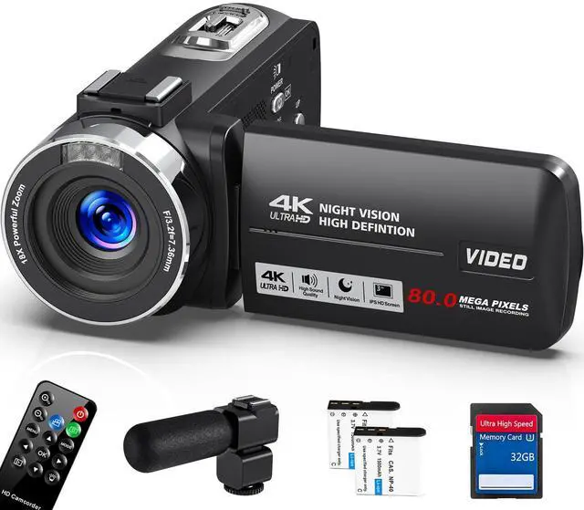 Main image of 4K HD 80MP Camcorder Video Camera 18X Digital Zoom 3.0 IPS Screen Vlogging Camera for YouTube IR Night Vision Video Recorder with 32GB SD Card, 2 Batteries, Remote Control and Microphone