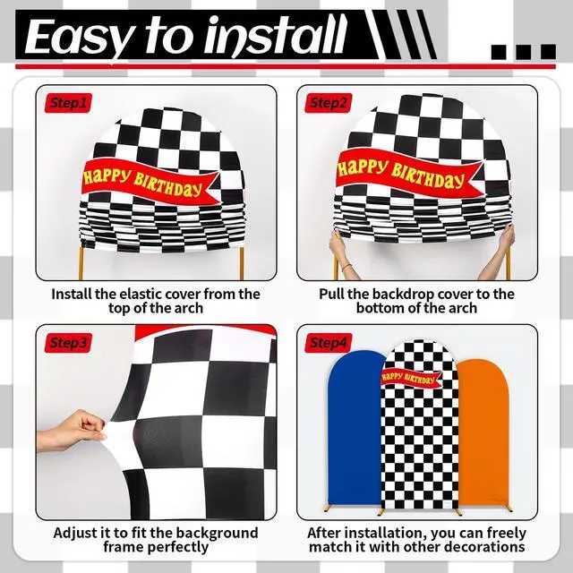 Alt view image 4 of 7 - 3 Pcs Race Car Arch Backdrop Cover Adaptable for 4ft 5ft 6ft Size Frames Black and White Checkered Chiara Hot Arch Stand Covers for Racing Birthday Baby Shower Party Decorations Supplies