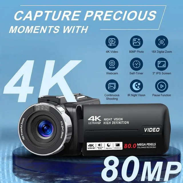 Alt view image 2 of 7 - 4K HD 80MP Camcorder Video Camera 18X Digital Zoom 3.0 IPS Screen Vlogging Camera for YouTube IR Night Vision Video Recorder with 32GB SD Card, 2 Batteries, Remote Control and Microphone