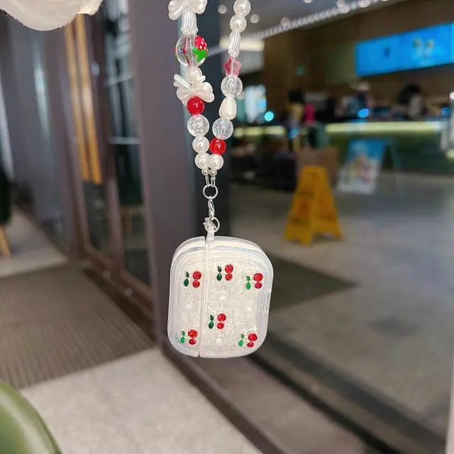 Alt view image 7 of 7 - 3D Cherry Case with Keychain for AirPods 4, Clear Diamonds Aesthetic Shockproof Cover with Cute Pearl Strap for Women Girls Protective Cover