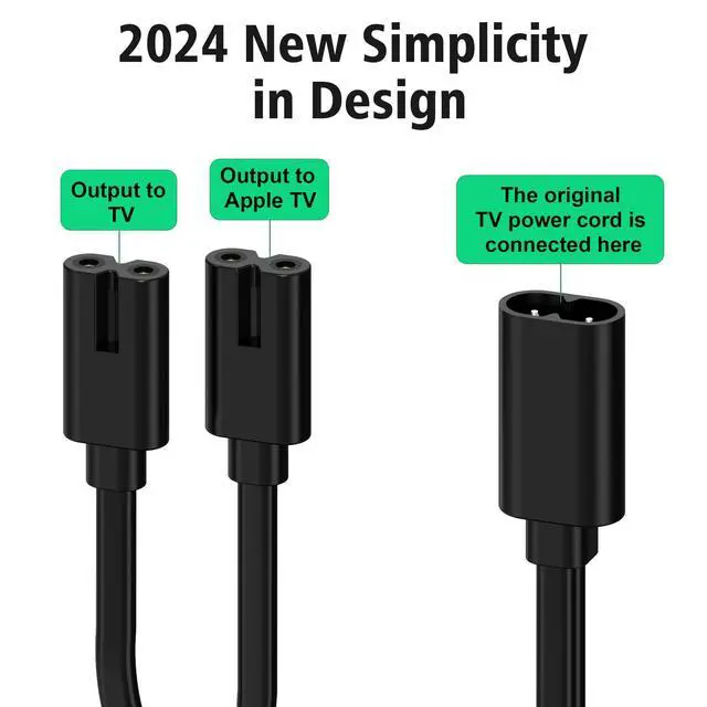 Alt view image 3 of 7 - 8in / 3.3ft Y Splitter Power Cord for Apple TV 1st, 2nd, 3rd, 4th, 4K, C8 Splitter Power Cable, Black