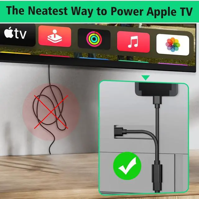 Alt view image 2 of 7 - 8in / 3.3ft Y Splitter Power Cord for Apple TV 1st, 2nd, 3rd, 4th, 4K, C8 Splitter Power Cable, Black
