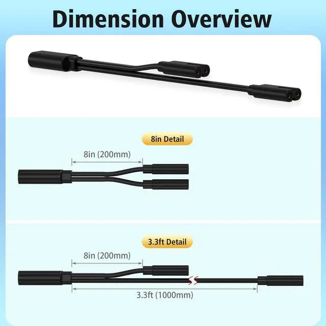 Alt view image 7 of 7 - 8in / 3.3ft Y Splitter Power Cord for Apple TV 1st, 2nd, 3rd, 4th, 4K, C8 Splitter Power Cable, Black