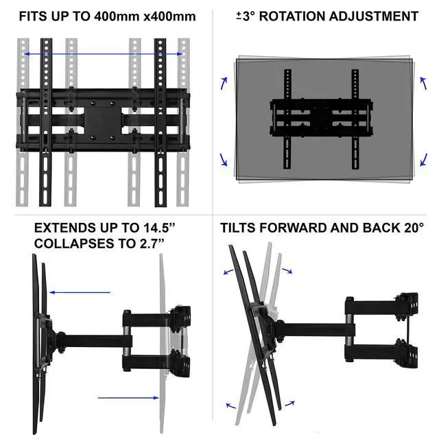Alt view image 4 of 7 - Articulating Dual Arms TV Wall Mount for 32-65 Inch TVs, 115lbs VESA 400x400mm, 16" Studs, New TVs up to 83", Low Profile & Extends 14", Full Motion Tilt Swivel Bracket & 10 ft HDMI Cable