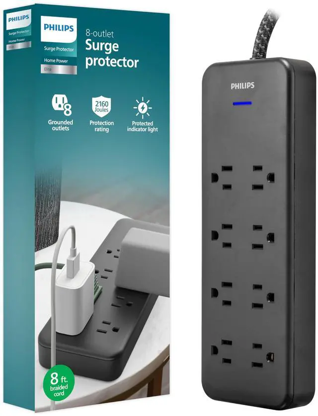 Main image of Surge Protector Power Strip, 8 Ft Braided Extension Cord | 8 Outlet Extender (Wide Spaced), 2160 Joules, Flat Plug, Wall Mount, Home Office Dorm Essentials, Black, SPP3673B/37